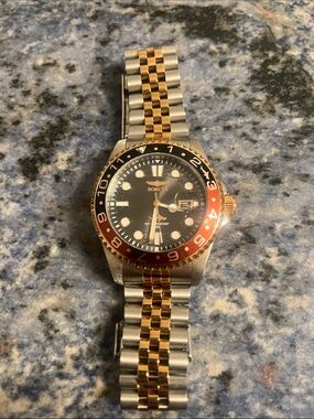 Invicta Two-Tone Stainless Steel GMT-Style Watch - Black Dial, Red/Black Bezel